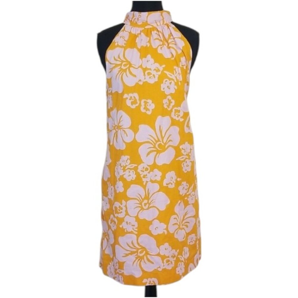 J. Crew Factory Orange Hawaiian Floral Halter Mini Shift Dress Vacation Aloha 10